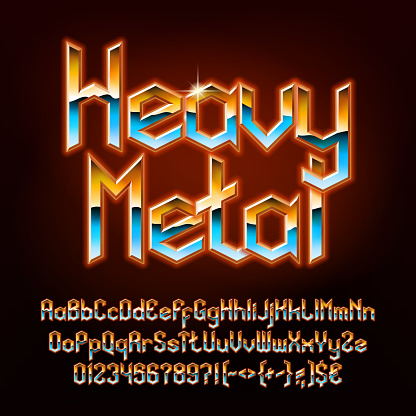 Heavy Metal alphabet font. Glowing letters, numbers and punctuations in hard rock style. Uppercase and lowercase. Retro typescript for your typography design.
