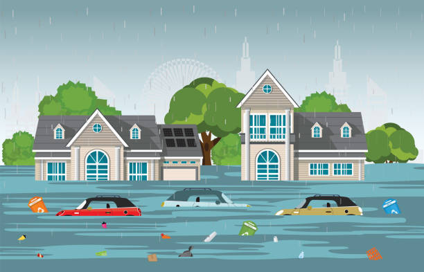 Heavy rain drops and city flood in modern village. Heavy rain drops and city flood in modern village with cars and garbage floating in the water,vector illustration. damaged stock illustrations