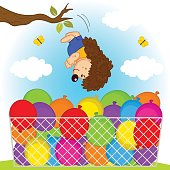 hedgehog jumps in basket with balloons - vector illustration, eps