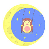 Cute hedgehog sways on a crescent moon. Wonderful forest character. Can be used for t-shirt, emblem, sticker, postcard, badge, kids print, poster, banner. Vector illustration in cartoon style