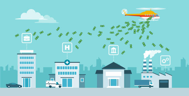 Helicopter money policy as response to covid-19 public health crisis Helicopter money policy as response to covid-19 public health crisis: helicopter distributing currency to prevent economic depression economic stimulus stock illustrations
