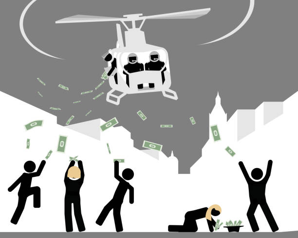ilustrações de stock, clip art, desenhos animados e ícones de helicopter throwing money to people - notas euros voar
