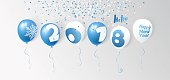 Hello 2018 new year blue and white  balloons. Christmas celebration background. Vector illustration