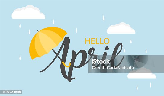 istock Hello April vector background. Cute lettering banner with clouds and umbrella illustration. April showers. 1309984565