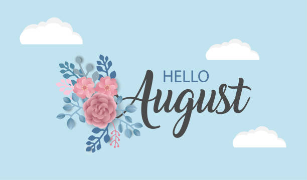 Hello August vector background Hello August vector background. Cute lettering banner with clouds and flowers illustration. august stock illustrations