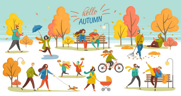 stockillustraties, clipart, cartoons en iconen met hallo herfst mensen wandelen in park fall vector - happy couple cold