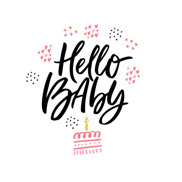 Hello baby hand drawn vector calligraphy Hello baby hand drawn vector calligraphy. Baby shower, arrival vector postcard with lettering. Welcome newborn party invitation card. Birthday cake doodle drawing. One year anniversary celebration newborn stock illustrations