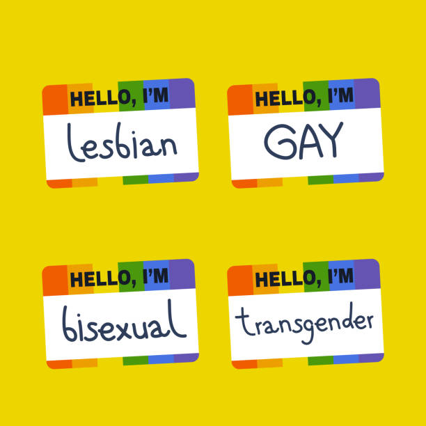 你好, 我是徽章。公開同性戀。自我決定。出來了男女同性戀、雙性戀和變性者群體。平面可編輯的向量插圖, 剪貼畫 - 自豪 插圖 幅插畫檔、美工圖案、卡通及圖標