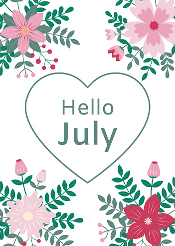 Hello July greeting card with floral ornament on white background. Holidays concept
