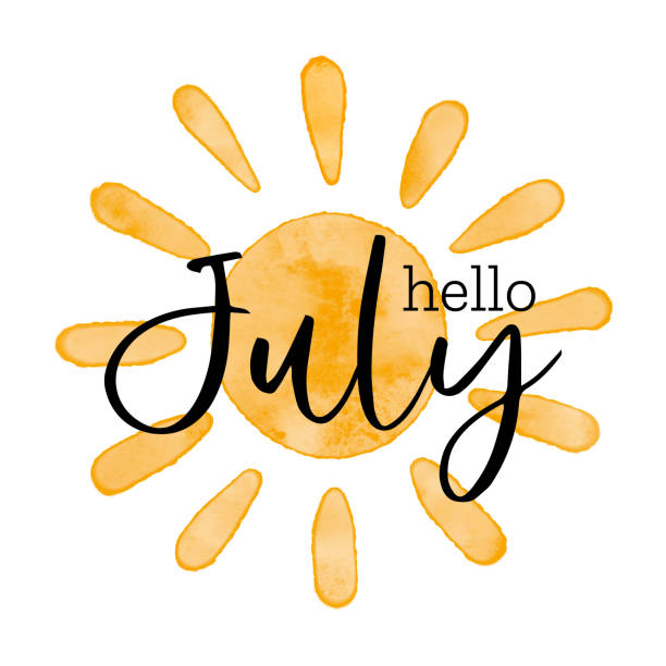 Hello July - Watercolor textured simple vector sun icon. Vector illustration, greeting card for beginning of summer, welcoming poster design. Hello July - Watercolor textured simple vector sun icon. Vector illustration, greeting card for beginning of summer, welcoming poster design july stock illustrations