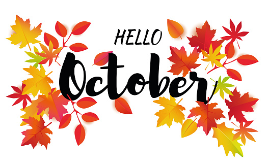 Hello October autumn vector. Beautiful fall leaves and black lettering isolated on white background.