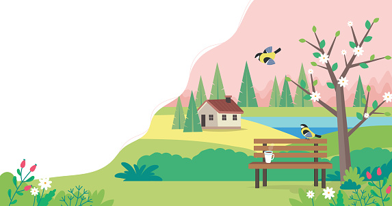 Hello spring landscape with bench, houses, fields and nature. Cute vector illustration in flat style