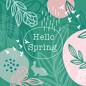 Hello Spring Message Floral Pattern. An original artwork vector illustration with typography. This inspirational design can be a postcard, invitation, web banner, shop window, invitation, poster or flyer.