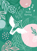 Hello Spring Message White Bird Woman. An original artwork vector illustration with typography. This inspirational design can be a postcard, invitation, web banner, shop window, invitation, poster or flyer.