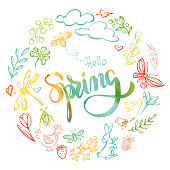 Vector hand drawn spring elements with „hello spring“ watercolor lettering