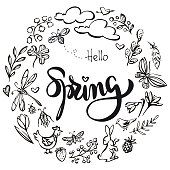 Vector hand drawn spring elements black and white