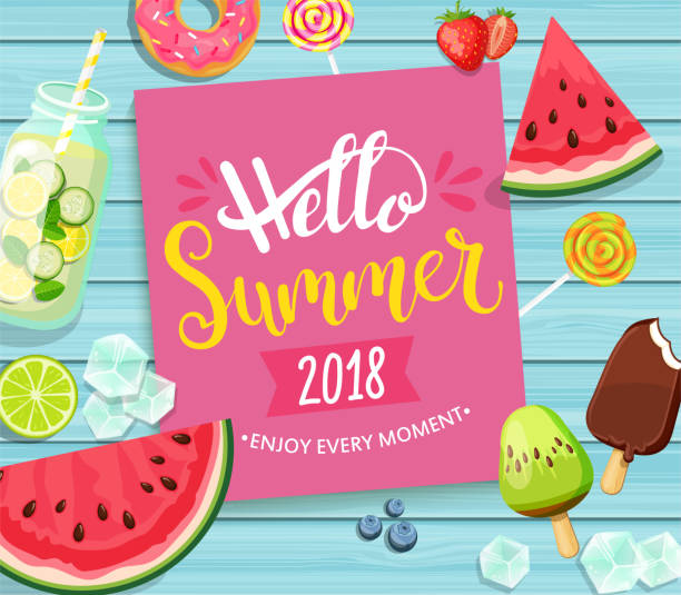 Hello summer 2018 card on blue wooden background. Hello summer 2018 card with handdrawn lettering on blue wooden background with watermelon, detox, ice, donut, ice cream, lime and candy. Vector Illustration. cocktail borders stock illustrations
