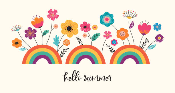Hello summer, banner design with flowers and rainbows. Vector illustration Hello summer, banner design template with flowers and rainbows. Vector illustration flowerbed illustrations stock illustrations