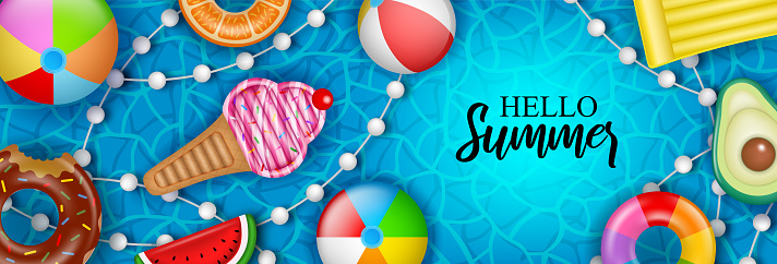 Hello summer benner with inflatable balls, mattresses and swimming rings on water background