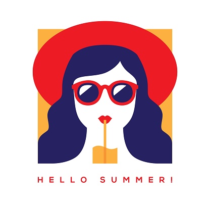 Hello summer card with girl in sunglasses and hat.