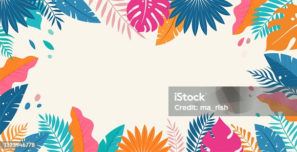 istock Hello Summer concept design, summer panorama, abstract illustration with jungle exotic leaves, colorful design, summer background and banner 1323946778