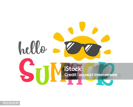 istock Hello summer label Decorated with ice cream Slippers and watermelon Isolated on white background. 1312253210