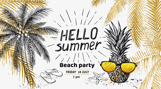 Hello Summer, palm tree, glasses, pineapple. Hand drawn illustration.