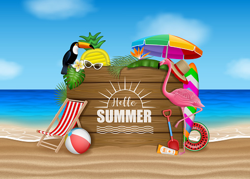 Hello summer poster with beach elements, tropical flowers, leaves, birds and wooden sigboard on beach landscape