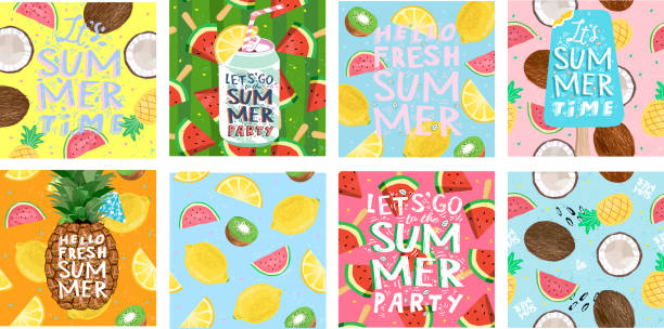 Hello summer! Posters for a fun club party. Set of cute vector illustrations of ice cream, tropical fruits, soda, pineapple, lemon, coconut, watermelon, cocktail for background, card, cover or banner. Hello summer! Posters for a fun club party. Set of cute vector illustrations of ice cream, tropical fruits, soda, pineapple, lemon, coconut, watermelon, cocktail for background, card, cover or banner. tropical fruit stock illustrations