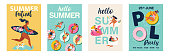 Hello summer posters in vector. Cute Retro posters set.