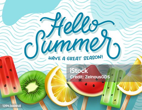 istock Hello summer vector background design. Hello summer greeting text with fruits and popsicles element in waves pattern and abstract for great tropical holiday season. 1394360848