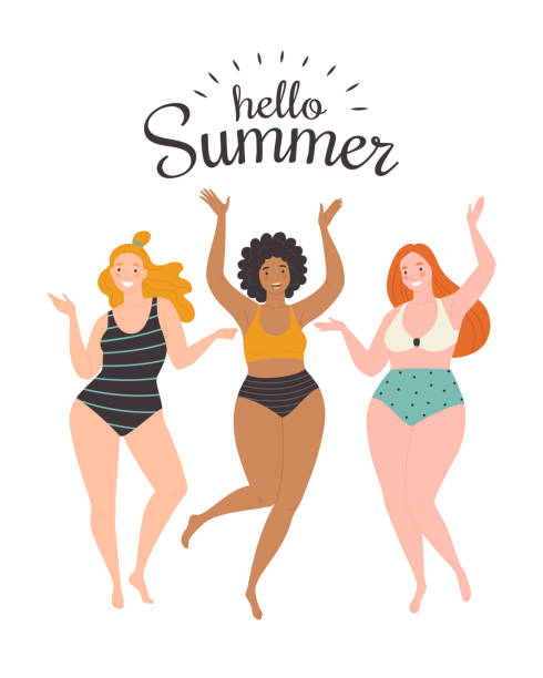 Hello Summer. Vector illustration of three diverse dancing happy cartoon women in swimsuits. Isolated on white cartoon of fat lady in swimsuit stock illustrations
