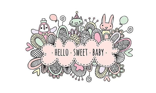 Hello Sweet Baby Girl Hand Drawn Doodle Vector Pastel pink coloured vector illustration of a cloud with the words hello sweet baby surrounded by a penguin, bunny, rabbit, cat, balloons, hearts, and swirls on a white background. baby girls stock illustrations