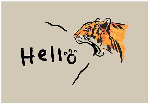 Hello tiger graphic drawing tiger open the mouth with text Hello