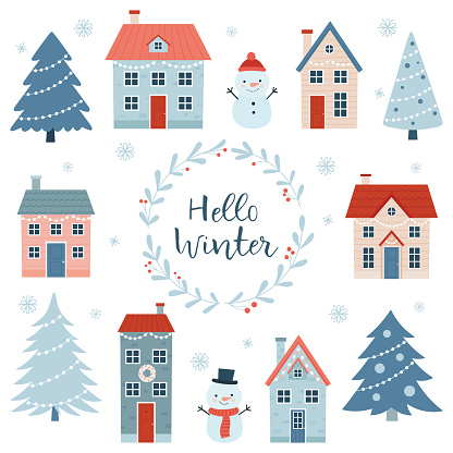 Hello winter. Christmas set with a variety of houses, trees and snowmen on a white background. Simple cartoon style.