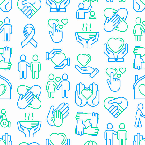 Help and care seamless pattern with thin line icons: symbols of support, help for children and disabled, togetherness, philanthropy and donation. Modern vector illustration. Help and care seamless pattern with thin line icons: symbols of support, help for children and disabled, togetherness, philanthropy and donation. Modern vector illustration. family backgrounds stock illustrations