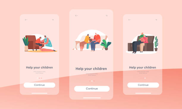 stockillustraties, clipart, cartoons en iconen met help your children mobile app page onboard screen template. parents support kids, father and mother comforting kids - embrace man woman serious