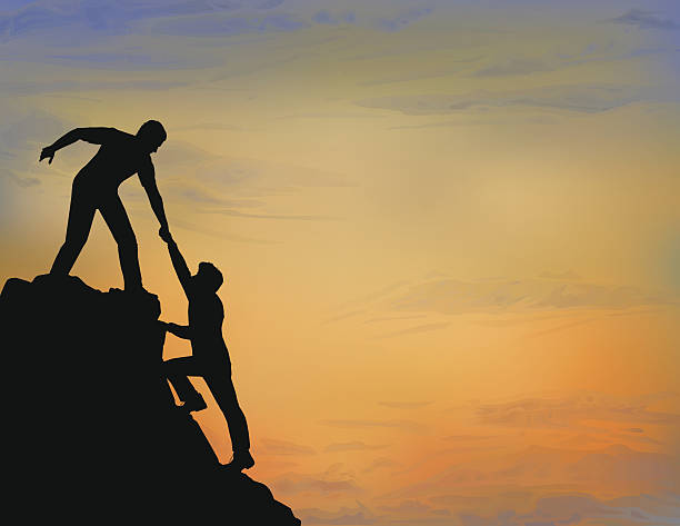 Helping Hand A silhouette of two mountain climbers with a dramatic sky background. Files included – jpg, ai (version 8 and CS3), and eps (version 8) mountain climber exercise stock illustrations