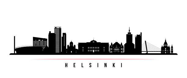 赫爾辛基天際線水準橫幅。芬蘭赫爾辛基的黑白剪影。用於設計的向量範本。 - uusimaa 幅插畫檔、美工圖案、卡通及圖標