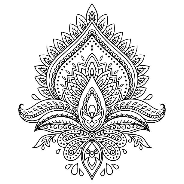 dehna tätowierung blume vorlage im indischen stil. ethnische paisley-lotus. - lotusblume tattoo stock-grafiken, -clipart, -cartoons und -symbole