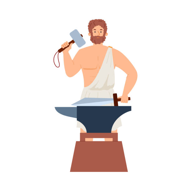 Hephaestus greek god blacksmith olympian hero in ancient greece mythology. Hephaestus greek god blacksmith with hammer and sword in hands. Strong man doing forging in forge. Olympian hero of ancient greece mythology. Flat vector isolated illustration. armour of god stock illustrations