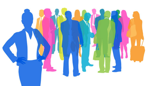 Her Place In The Business World Group of business people standing and talking at a business conference marketing silhouettes stock illustrations
