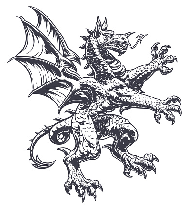 Heraldic dragon digital ink drawing. Vector illustration.