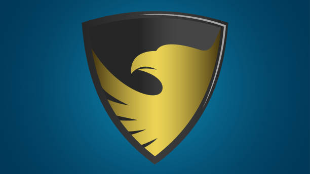 heraldic golden eagle on the shield. blue background vector art illustration