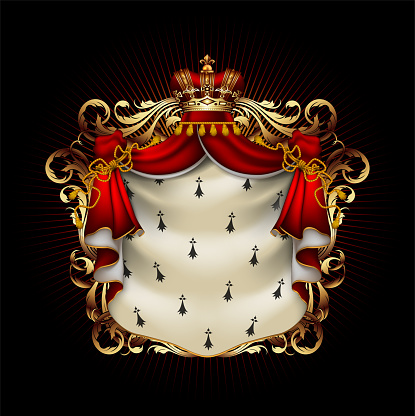 Heraldic shield with a crown and royal mantle, richly ornamented, on a black background. High detailed realistic illustration