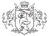 Vector image of a heraldic shield with a crown, with a bear in the center and with unicorns on the edges on a white background. Coat of arms, heraldry, emblem, symbol. Line art.