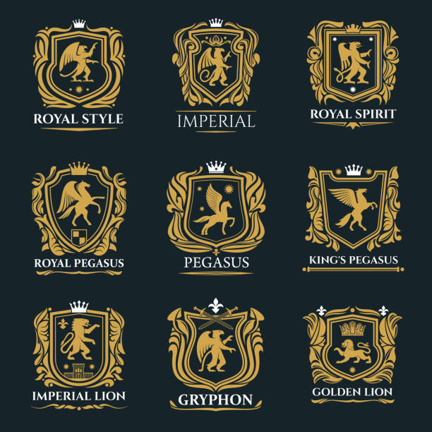 Heraldic shields with lions, eagle, crowns, swords Royal badges and emblems of vector golden shields with heraldic lions, crowns and eagle, king or knight swords, pegasus and griffins, castle towers and fleur-de-lis. Coat of arms, heraldry themes pegasus stock illustrations