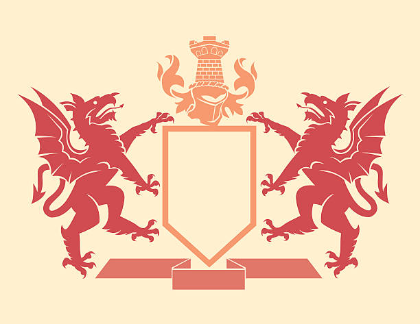 Heraldry crest Heraldry crest, dragon, shield, helmet animal's crest stock illustrations