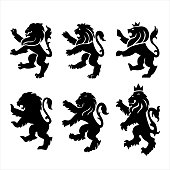 Set of 6 heraldry lions, black color