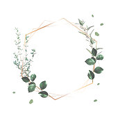 Herbal geometric vector frame. Hand painted plants, branches, leaves on a white background. Greenery wedding simple invitation template. Watercolor style card. All elements are isolated and editable